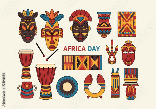 Africa Day Celebration with Traditional Masks Drums and Cultural Symbols.