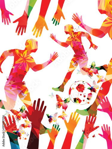 Soccer Players Team in Action with Ball, Abstract Football Championship 2026 Background, Colorful Vector Silhouettes for Sports Tournament