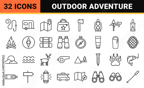 Minimalist camping and hiking outline icon set for outdoor adventure.