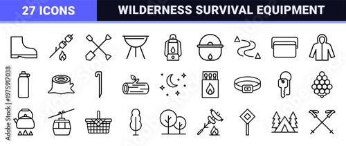 Minimalist camping and hiking line icons for outdoor adventure and wilderness exploration