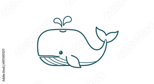 Cute cartoon whale spouting water, simple line art, isolated on white background.