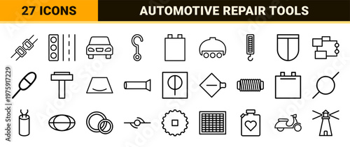 Minimalist car and transport outline icon set for automotive industry.