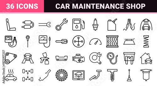 Professional car repair and automotive maintenance outline icon set.
