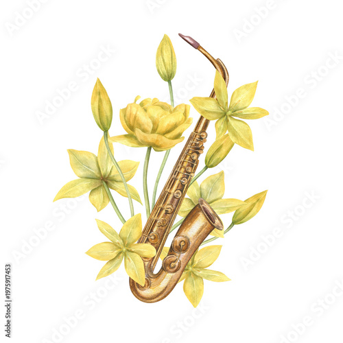 Watercolor golden saxophone among yellow tulips illustration on isolated background. Musical woodwind instrument and spring flowers composition for concert poster, music festival flyer, album cover.