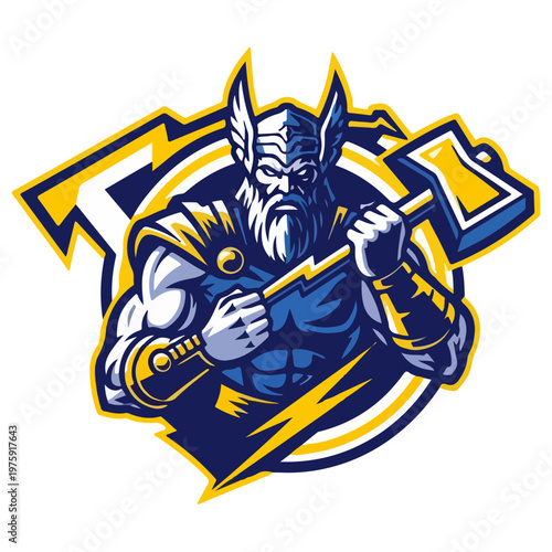 Thor God of Thunder Mascot Logo with Hammer and Lightning Bolts