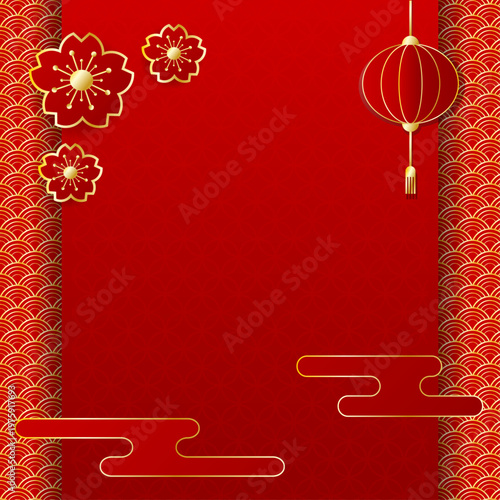 Chinese New Year Red Background with Lantern and Sakura Flowers, Asian Traditional Template