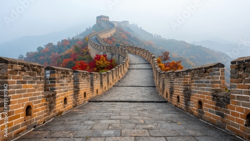 Aerial View of Great Wall of China Winding Through Autumn Forest with Colorful Red and Orange Foliage Along Historic Stone Ramparts and Towers