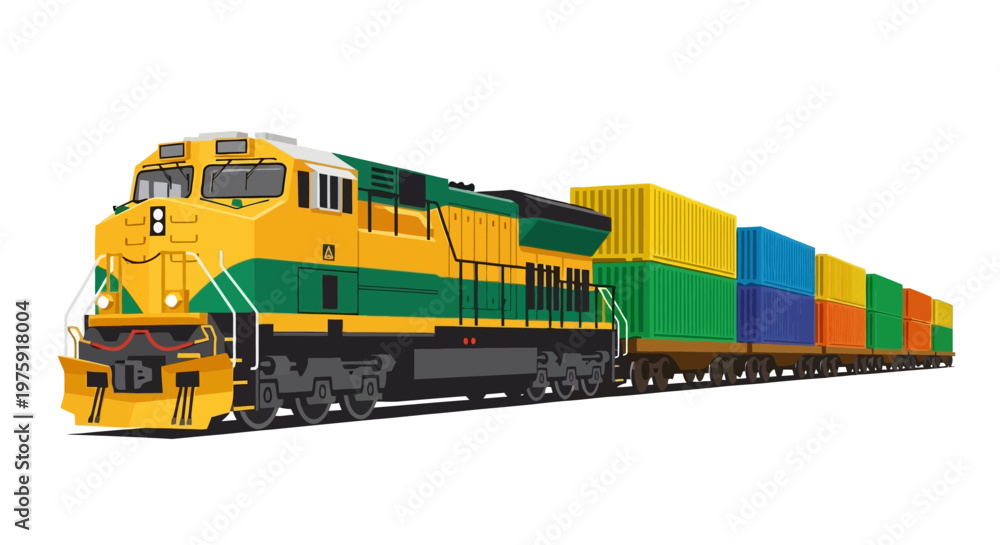 Fototapeta premium Heavy Freight Train Locomotive with Colorful Cargo Containers Isolated on White Background Vector Illustration