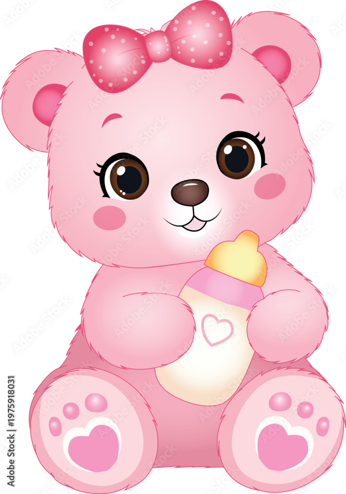 Fototapeta premium Cute Pink Teddy Bear Holding Baby Bottle Kids Design