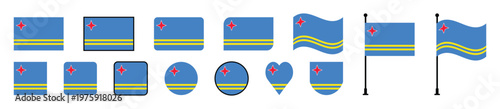 National Flag of Aruba Collection Various Design Styles Including Button, Circle, and Flagpole Icons