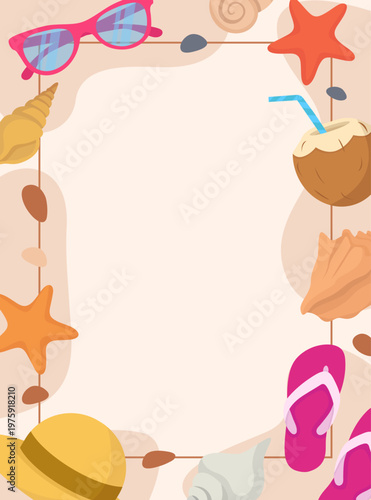 Vertical beach background template with sea stars, flip flops and copy space Summer beach frame with seashells