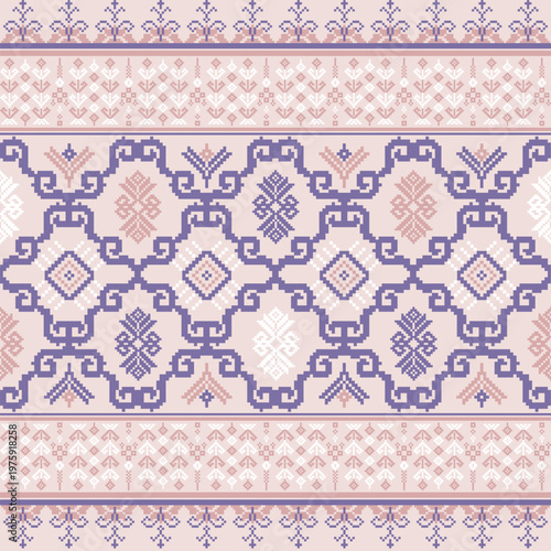 Elegant seamless border pattern in dusty rose and lavender. Features geometric ethnic folk motifs and intricate pixel art. Perfect for luxury textiles, stationery, and vintage craft designs.