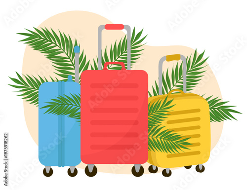 Set of colorful travel suitcases with tropical palm leaves background Travel and tourism concept