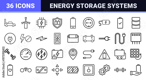 Minimalist charging and battery line icons for power and energy systems.