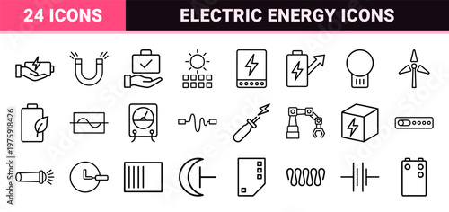 Minimalist charging and battery icon set for energy and technology