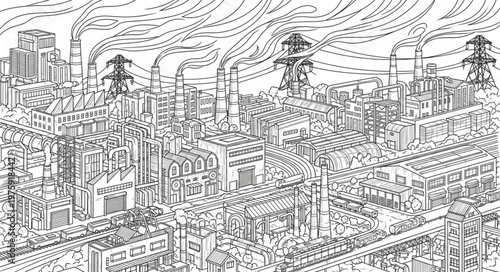 Cityscape with tall buildings downtown area.