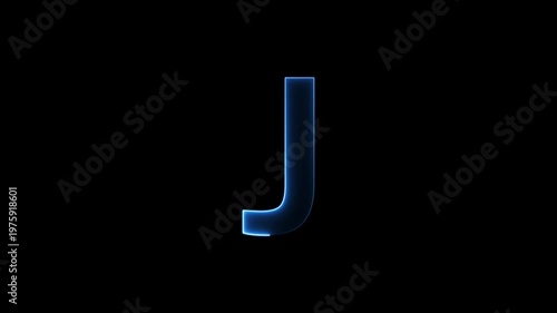 Glowing neon letter 'J' symbol, a shiny light font illustration on a black background English alphabet education type word writing letter text effect smooth footage sign symbol with black background