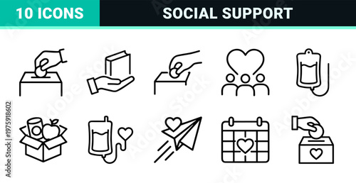 Charity and donation line icons for non-profit and volunteering.