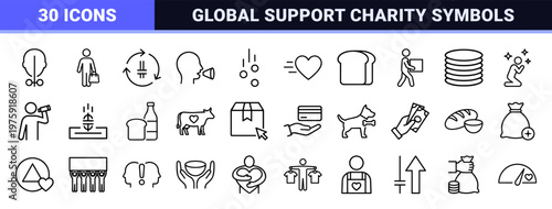 Minimalist charity and donation line icon set for humanitarian aid and volunteering.