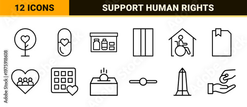 Charity and donation minimalist outline icons for nonprofit and social aid projects.