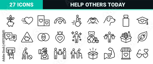 Charity donation and volunteer line icons collection for social support and community.