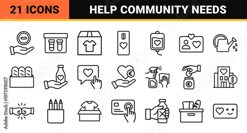 Charity and donation line icon set for non-profit organizations.