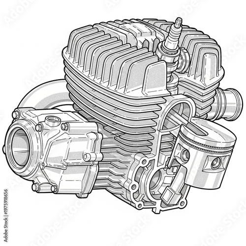 Detailed drawing of motorcycle engine.