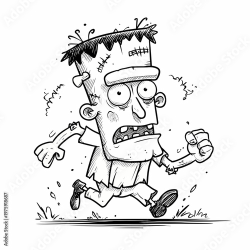 A cartoon Frankenstein character runs quickly in a field at night.