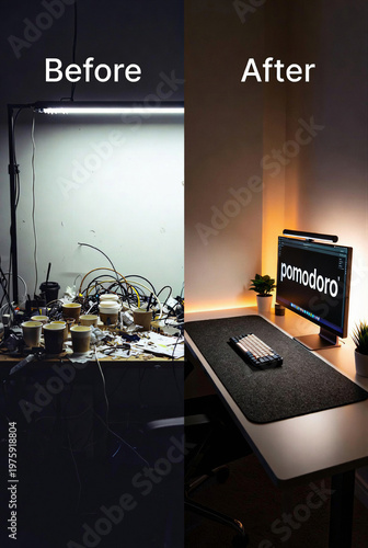 A messy desk is transformed into a clean, organized workspace with a computer.