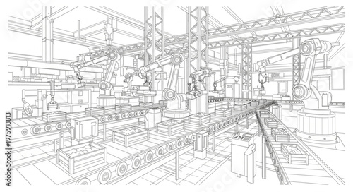 Industrial Factory Interior with Machinery.