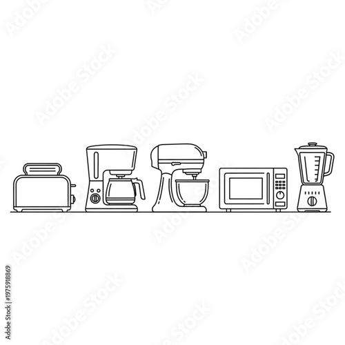 Kitchen appliances in a line up.
