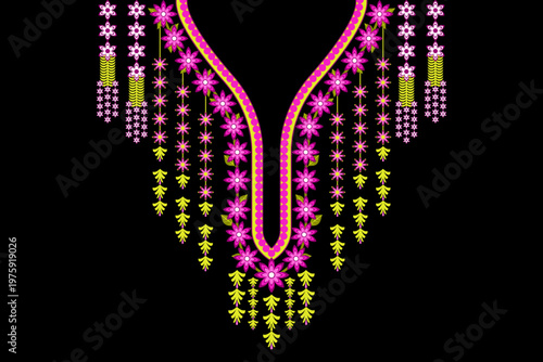 Elegant Floral Embroidery Neckline Design for Fashion Apparel. This intricate vector illustration features a V-shape neckline adorned with pink blossoms and golden hanging flower ornaments on black.