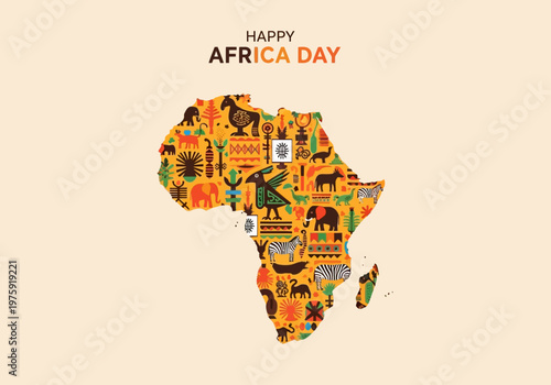 Happy Africa Day celebration with a vibrant map of the continent adorned with diverse cultural symbols and wildlife.