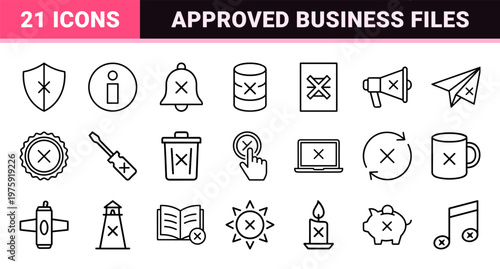 Verification and business approval line icon set with checkmarks.