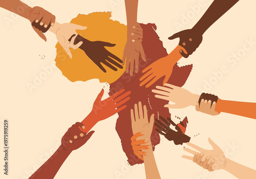 Diverse hands reaching towards a map of Africa symbolizing unity and collaboration.