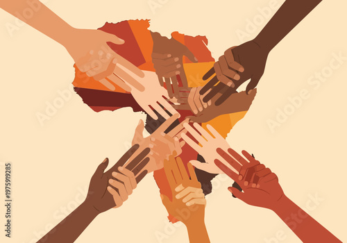 Diverse hands unite over an abstract map of Africa symbolizing unity and collaboration.