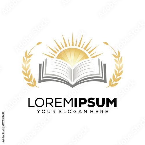 Education logo, open book with sun on it, logo design template