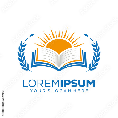 Education logo, open book with sun on it, logo design template