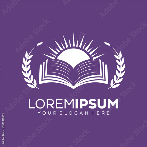 Education logo, open book with sun on it, logo design template