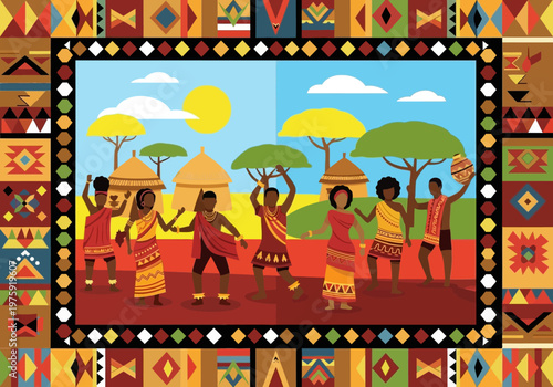 African Village Celebration with Dancing People and Traditional Huts.