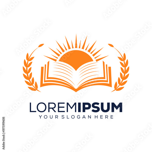 Education logo, open book with sun on it, logo design template