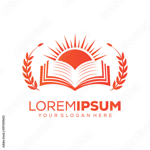 Education logo, open book with sun on it, logo design template