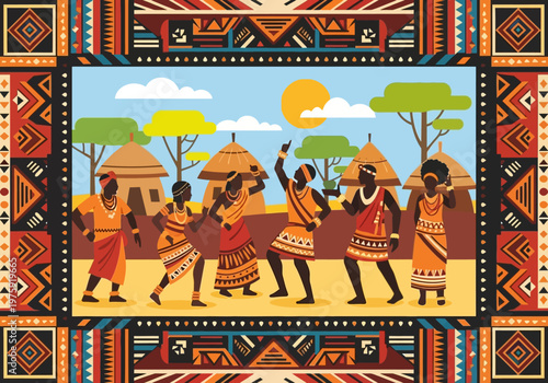 African villagers dancing in traditional attire.