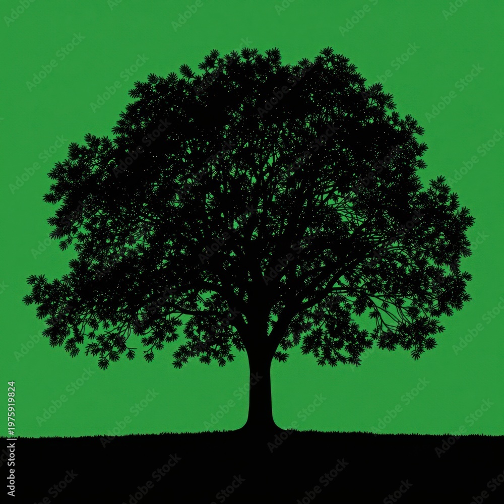 Fototapeta premium Black Silhouette of a Large Leafy Tree with Full Foliage Against a Solid Green Background, Isolated for Use in Design, Nature Themes, or Digital Graphics.