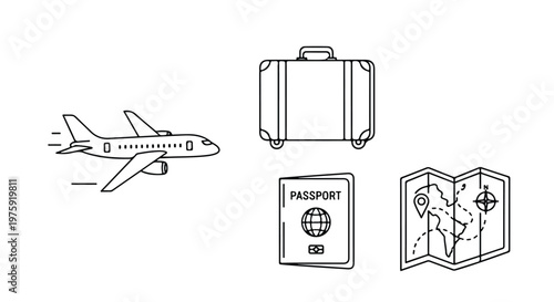 Minimalist travel icon set with airplane, suitcase, passport and map. Black line vector illustrations for tourism and vacation planning.