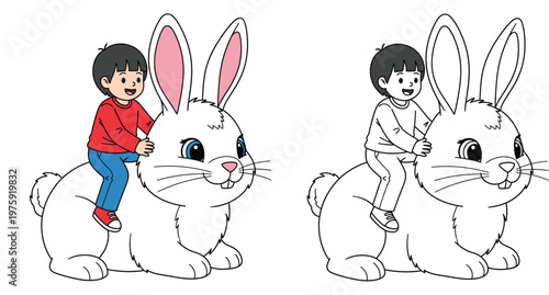 Cartoon illustration of a cute little boy riding a giant rabbit, including a black and white line art outline version for coloring books