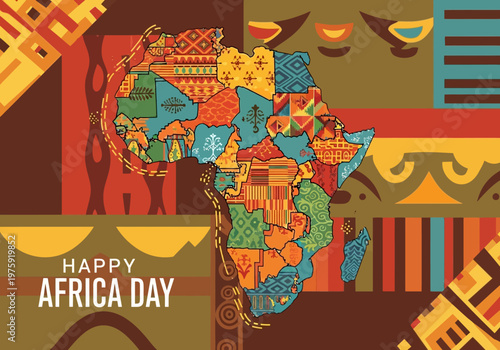 Vibrant African Map with Cultural Patterns and Happy Africa Day Text.