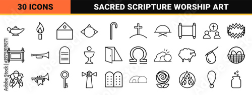Christian religion line icons set with spiritual symbols