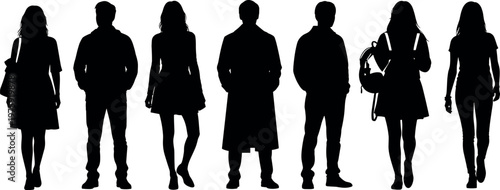 Set of black silhouettes of diverse people walking and standing in various casual outfits isolated on a white background vector