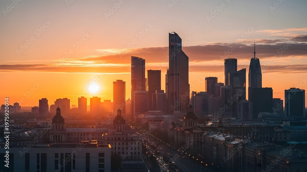 Fototapeta premium City skyline at sunset with skyscrapers.